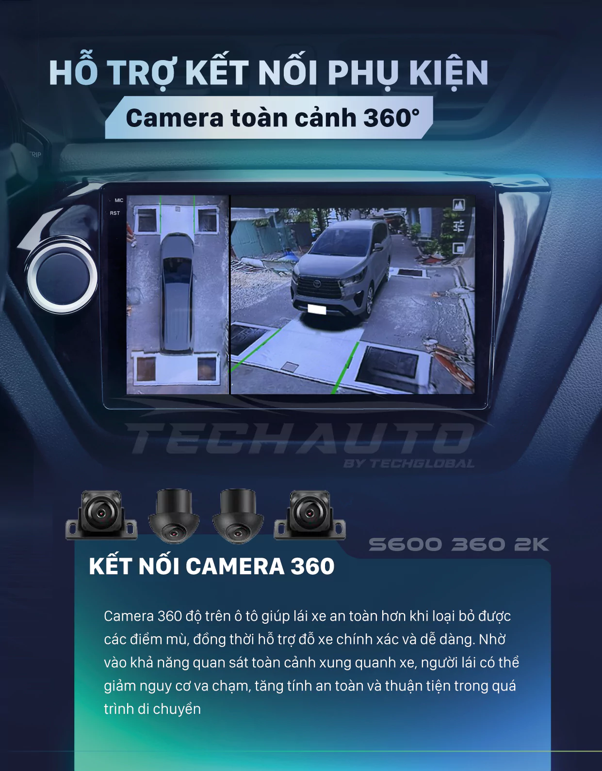 Camera 360 của Santek S600 2K giúp bạn quan sát toàn cảnh xung quanh xe