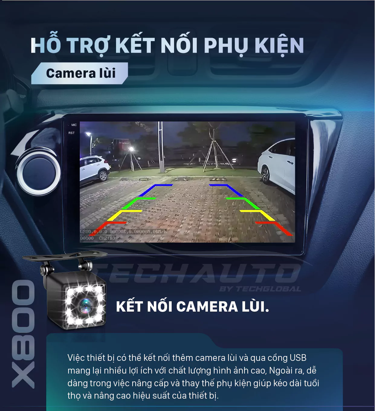 Santek X800 cho phép kết nối các phụ kiện như camera lùi, camera hành trình