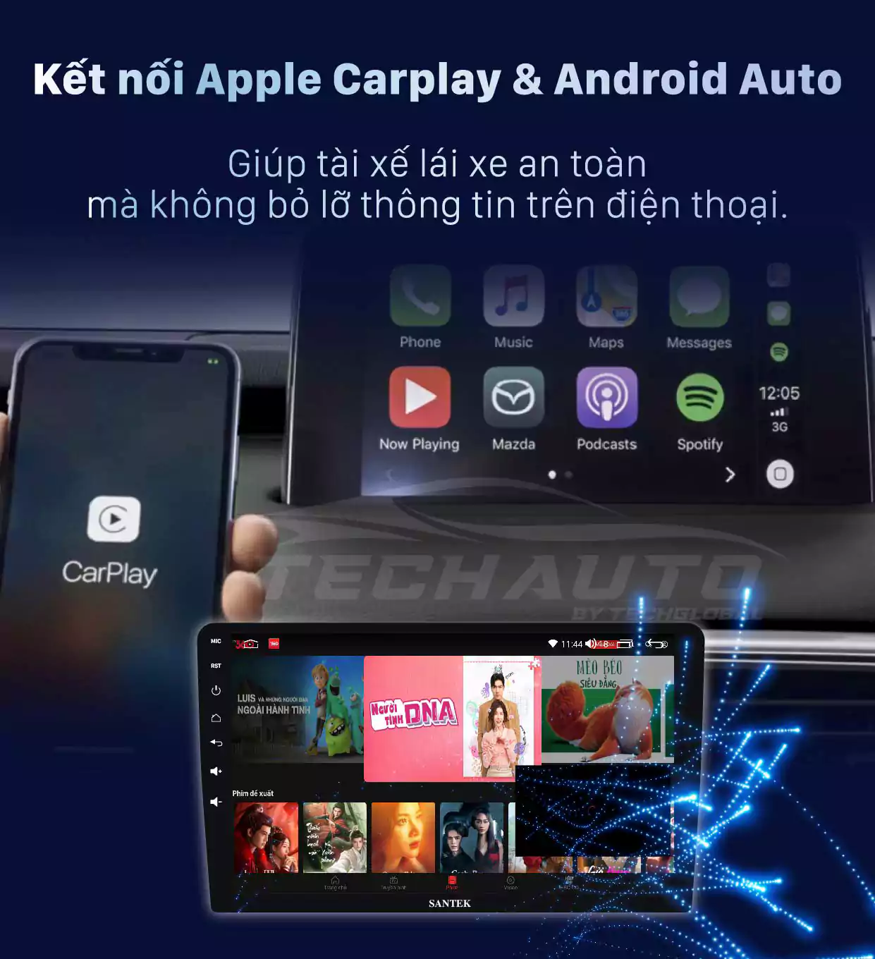 Màn Hình Android Santek X600 hỗ trợ kết nối Apple Carplay và Android Auto