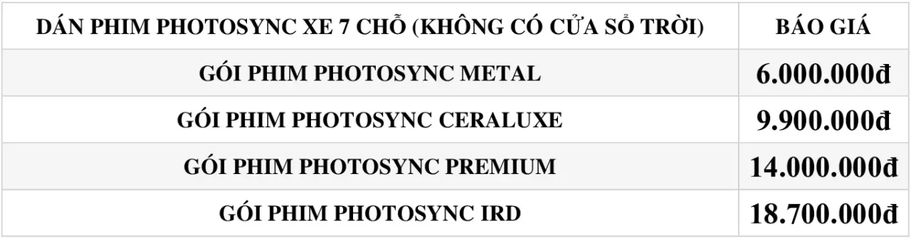 Báo giá dán Phim cách nhiệt Photosync cho xe ô tô 7 chỗ Báo giá dán Phim cách nhiệt Photosync cho xe ô tô 7 chỗ