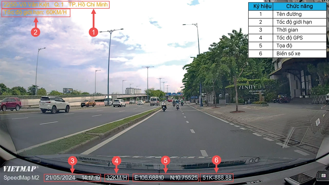 Video quay lại với SpeedMap M2 bao gồm các thông tin như tên đường